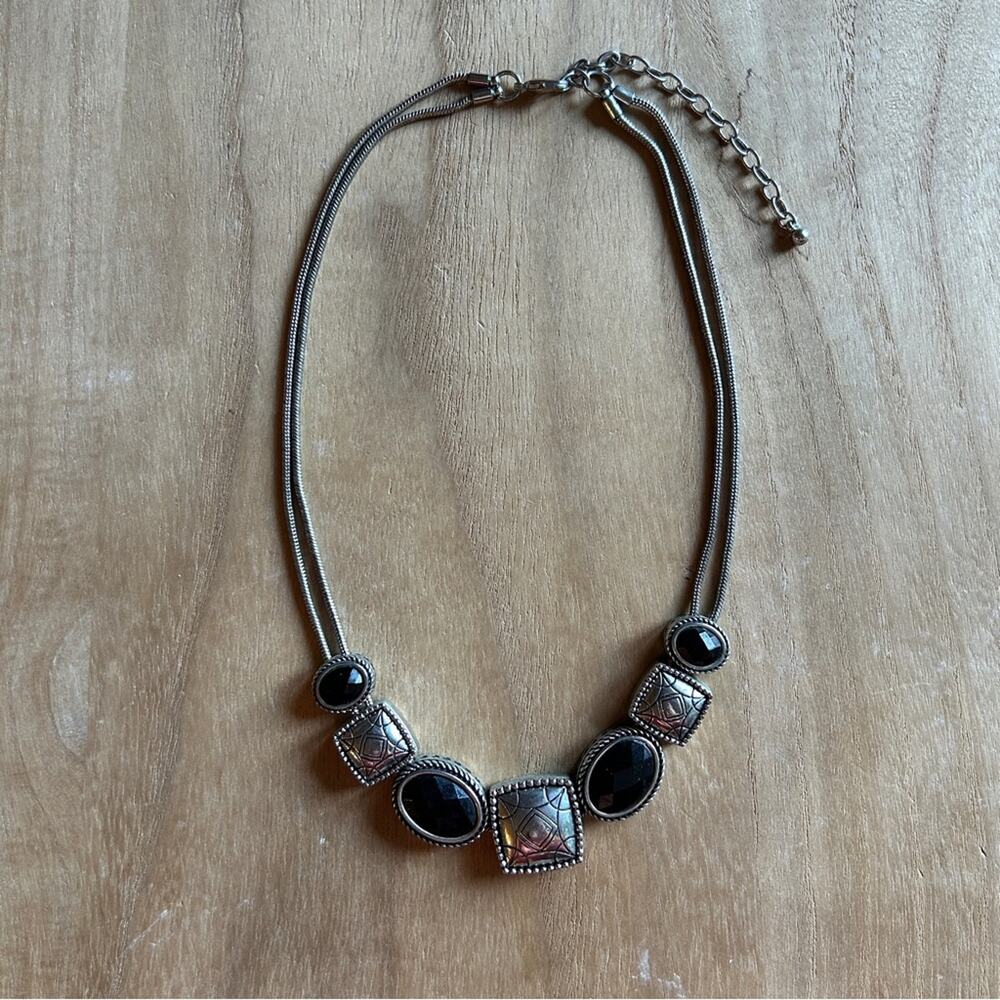 Silver/Black Engraved Gems Double Strand Adjustable Lobster Claw Clasp Necklace